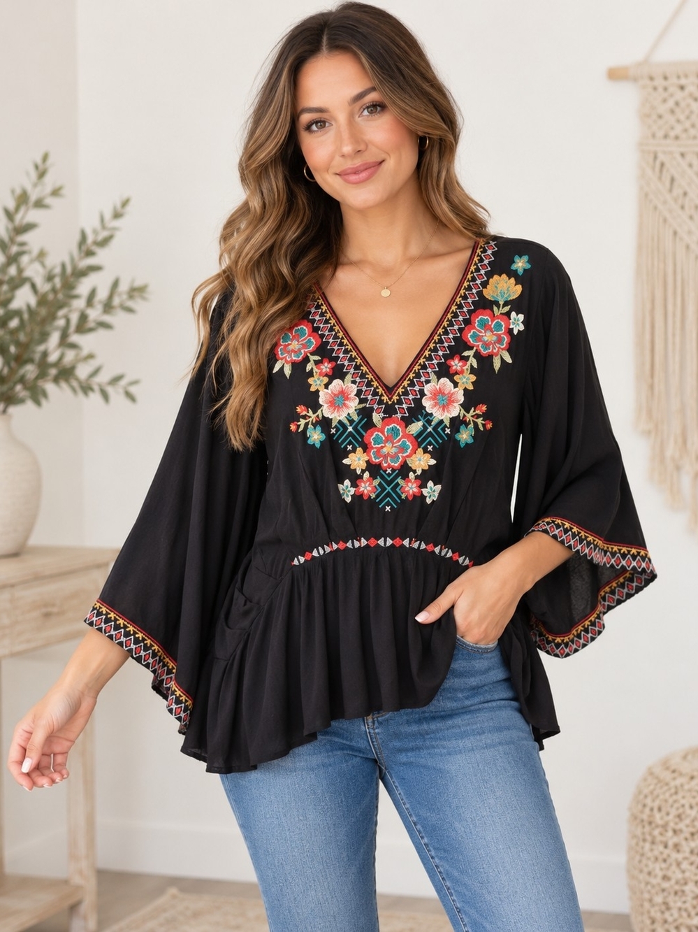 Savanna Jane Medium Black Floral Embroidered Boho Kimono Sleeve Top